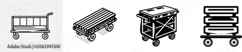 A minimalist flat vector icon of a metal warehouse utility material cart features clean bold lines, clear contours, simple geometric shapes, and is isolated on a pure solid white background