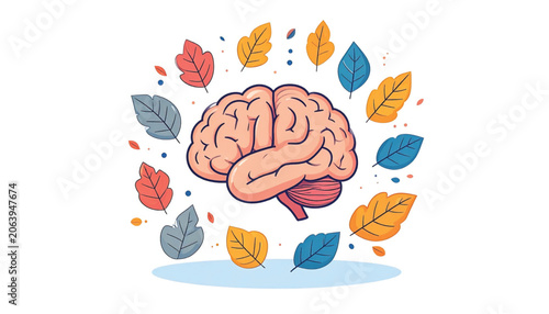 Brain with colorful leaves around it.