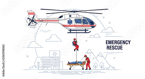 Medical rescue helicopter airlifting patient with emergency team