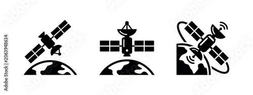 Three silhouette icons of satellites orbiting Earth, representing space technology