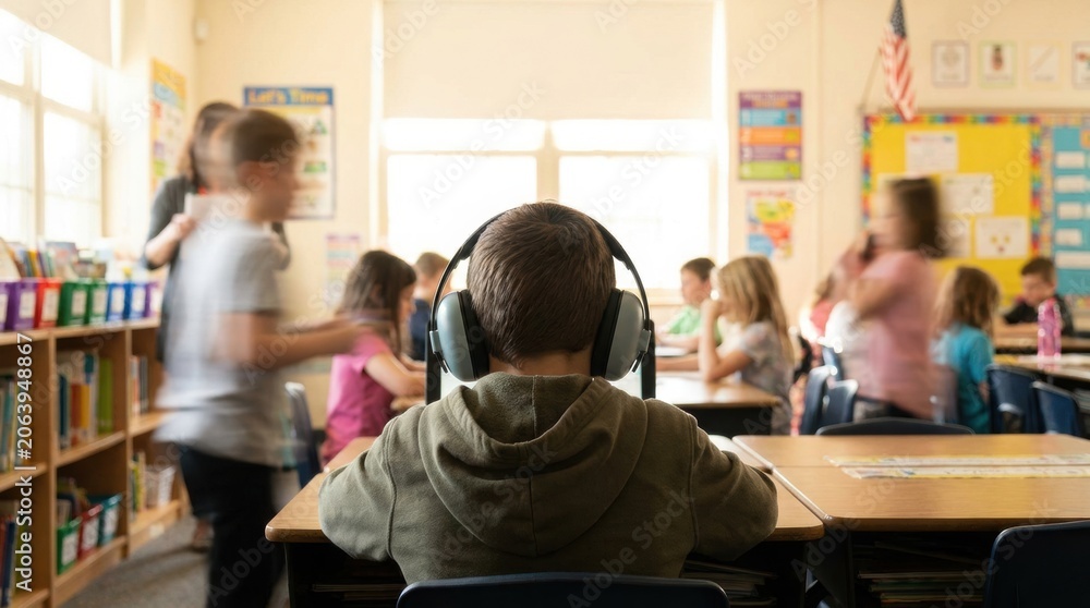 Obraz premium Child wearing noise-canceling headphones sits at a desk in a classroom, surrounded by students engaged in various activities, colorful educational posters on the walls