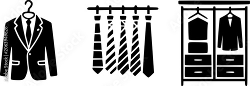 Elegant formal menswear illustration featuring business suit, neckties, and organized wardrobe closet in black silhouette style for fashion, apparel, and professional clothing concepts