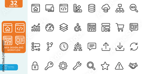 Web Design and Workflow Vector illustration line editable Icons set. Web Design, process, planning, strategy, teamwork, productivity, task, step, action, worker. on white background.
