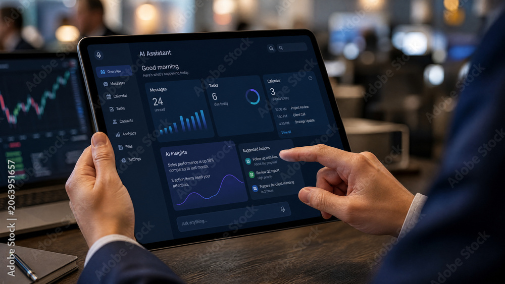 Fototapeta premium Business professional uses a tablet AI assistant dashboard showing messages, tasks, calendar events, analytics, suggested actions, and colorful charts in a modern office