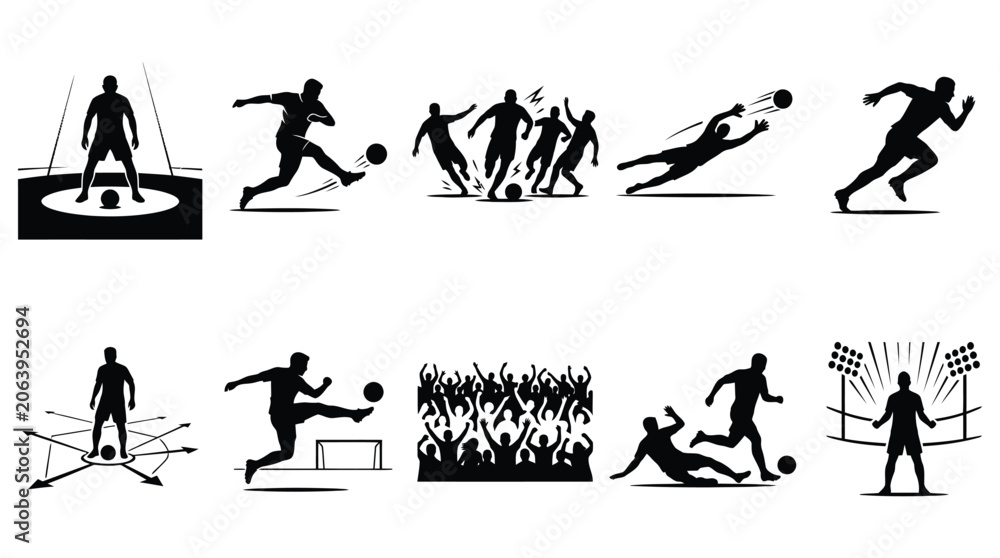 Fototapeta premium Soccer player silhouettes depicting game action black vector illustration on white background football players silhouette graphic sports athletic competition match kicking running jumping scoring goal