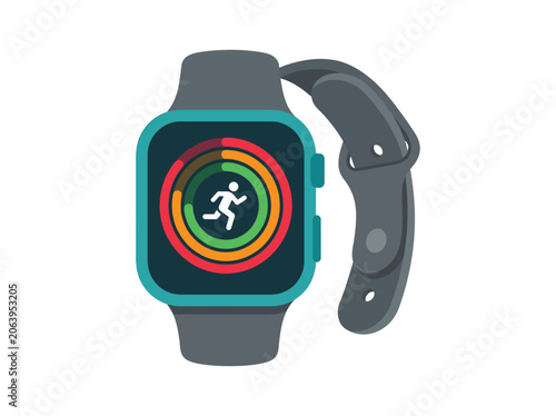 Modern smartwatch showing a running person with progress rings and data.