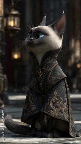 A regal siamese cat wearing an ornate, dark robe with gold embroidery sits thoughtfully