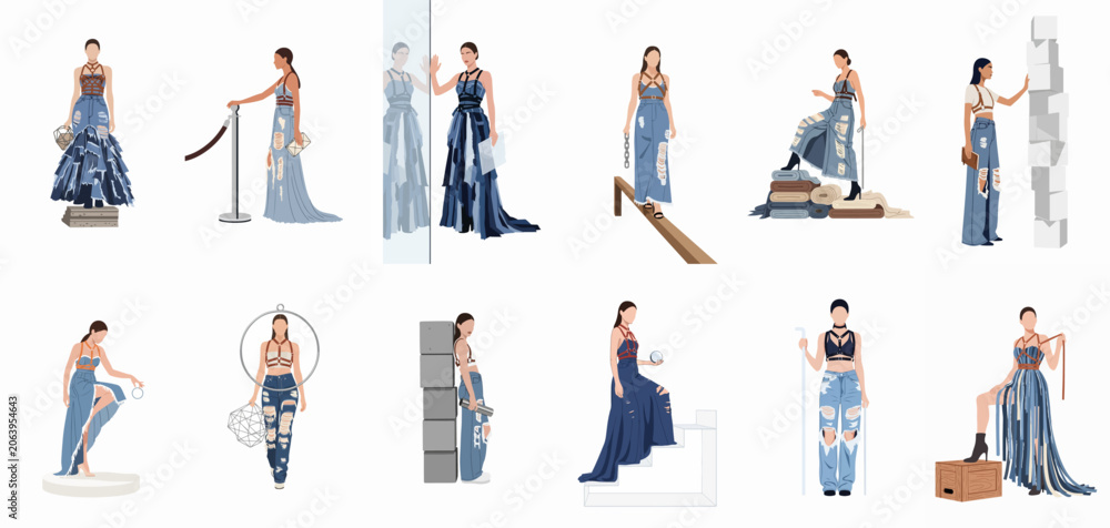 Obraz premium Set of Twelve Fashion Illustrations Showcasing Women in Avant-Garde Denim and Harness Outfits in Various Poses on a Clean White Background