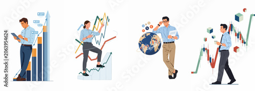 Set of business people analyzing financial data, market trends, and global growth with charts, graphs, and digital tools.