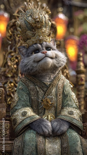 A regal siberian cat sits on a throne, adorned in a jeweled crown and ornate robes, looking majestic