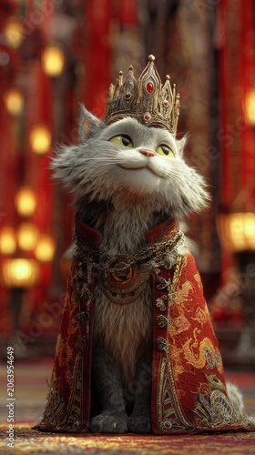 A regal siberian cat sits proudly wearing a golden crown and a richly adorned red robe with intricate patterns