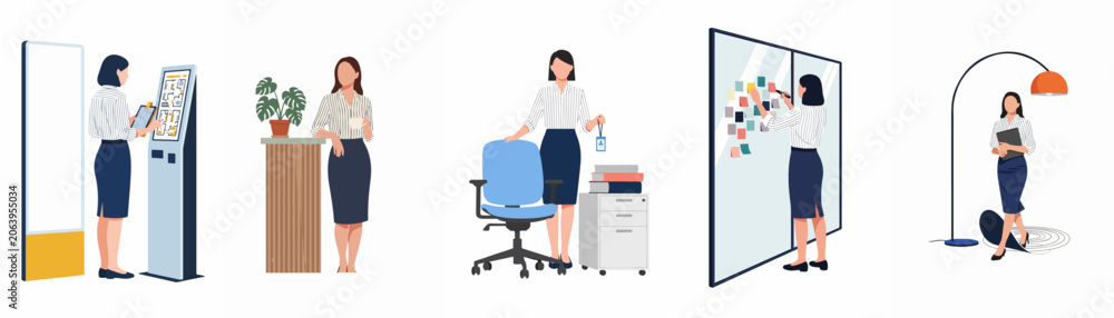 Obraz premium Set of flat vector illustrations featuring a professional businesswoman in various office activities and work environments on a white background.