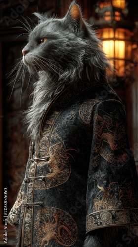 A regal siberian cat with striking gray fur and golden eyes wears an ornate, dark robe adorned with intricate dragon