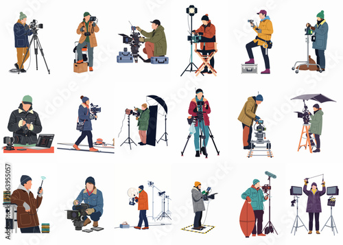 Set of minimalist vector illustrations featuring film crew members and cinematographers in winter clothing operating professional movie production equipment on white.