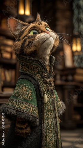 A regal tabby cat wearing an ornate green and gold robe with fur trim, looking upwards in a library setting