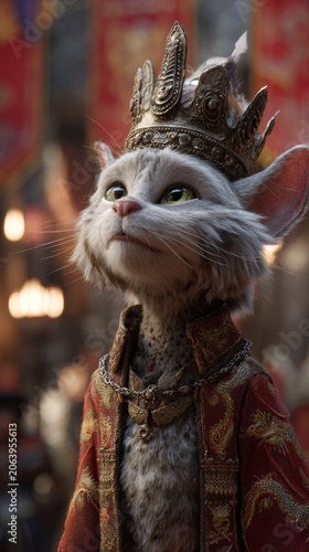 A regal turkish angora cat wears an ornate golden crown and a jeweled royal robe, looking noble