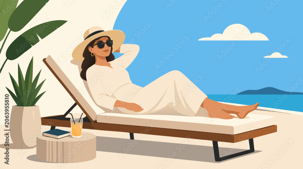 Obraz premium Minimalist flat vector illustration of a modern sunbed lounge chair with a comfortable design, perfect for summer vacation, beach relaxation, outdoor furniture, and luxury resort concepts.