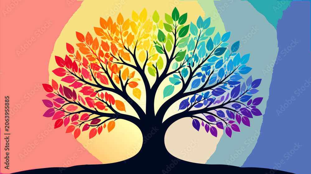 Naklejka premium Vibrant Tree Silhouette with Multicolored Leaves, Artistic Flat Vector Illustration Symbolizing Diversity, Growth, and Seasonal Change, Isolated Graphic for Eco-Friendly Design and Nature Concepts.