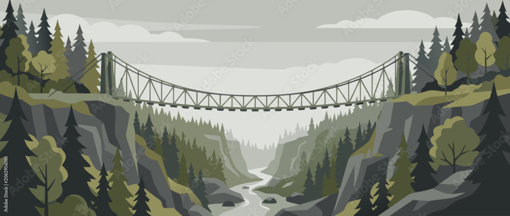 Naklejka premium Flat vector illustration of a scenic suspension bridge spanning across a deep rocky gorge surrounded by lush green pine forests under a clear blue sky, majestic mountain landscape scenery.