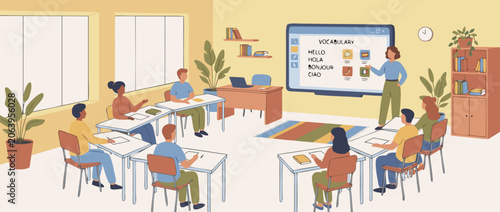 Flat Vector Illustration of a Modern Language Classroom with Diverse Students and a Digital Smart Board Showing Foreign Vocabulary During a Collaborative Educational Learning Session