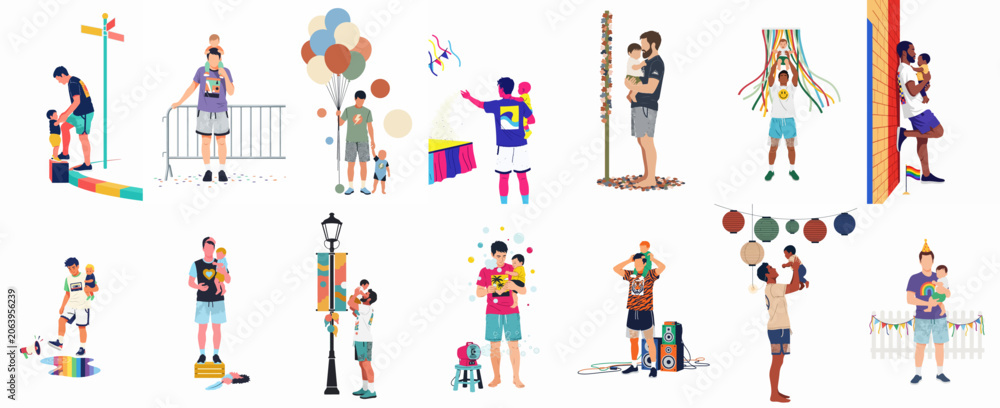 Naklejka premium Vector illustrations of diverse fathers celebrating with their babies at festivals featuring balloons, bubbles, lanterns, and outdoor summer activities on a white background.
