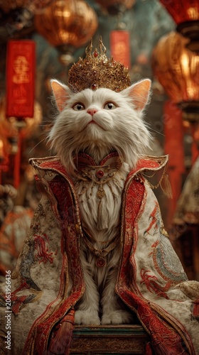 A regal white turkish angora cat adorned in a golden crown and ornate robes, seated amidst festive lanterns and red