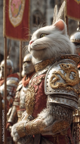A regal white turkish angora cat dressed in ornate medieval knight armor, standing in formation with other armored