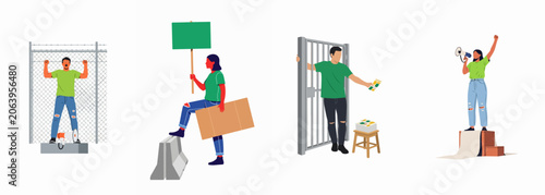 Set of flat vector illustrations depicting activists and protesters advocating for social justice, human rights, and political change through various public actions.