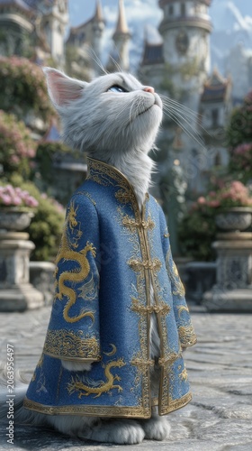 A regal white turkish angora cat wearing a blue and gold embroidered robe stands in a courtyard with a castle in the
