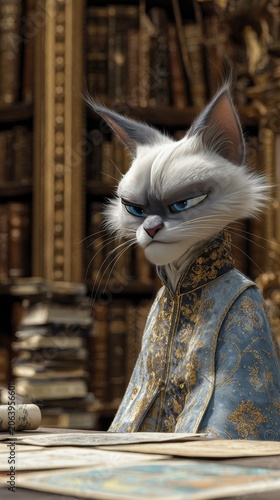 A regal, cream-colored siamese cat with blue eyes, wearing an ornate blue and gold robe, sits at a desk in a library