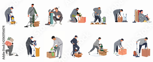 Vector illustration set featuring a young man packing, unpacking, and using vacuum cleaners during a move or household cleaning process.