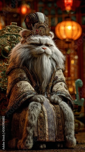 A regal, elderly ragdoll cat dressed as an emperor sits on a throne in a dimly lit room with lanterns