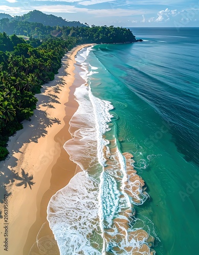 Aerial view of a serene beach with lush greenery and turquoise waters (5)