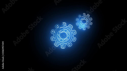 Glowing neon two gear icons 4k animation blue color on a black background.
