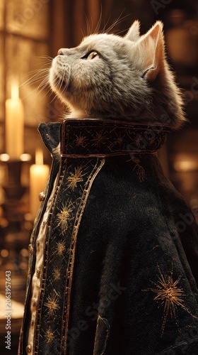 A sophisticated gray cat wearing a dark, star-embroidered coat and ornate collar looks upwards thoughtfully
