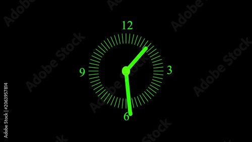 Video animation of a Green color analog clock icon with moving arrows in seamless 12 hour loop on black background. Stopwatch animation. Alpha channel