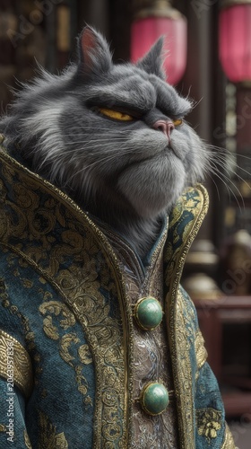 A stern-faced grey chartreux cat wearing an ornate teal and gold imperial minister's coat with large green jeweled