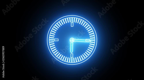 Glowing neon clock icon animation blue color on a black background.