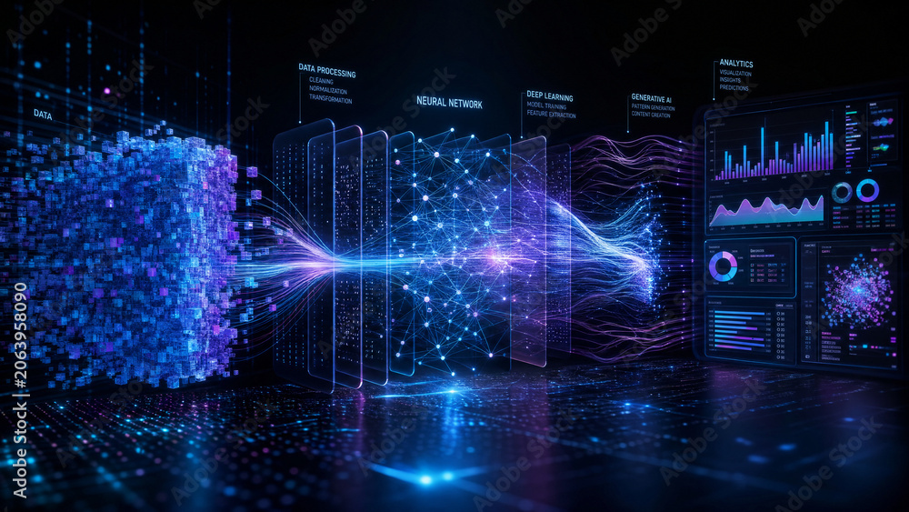 Fototapeta premium Futuristic abstract big data visualization with glowing blue digital particles and complex network connections representing global information flow and high-speed internet technology concept.