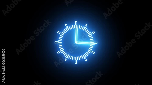 Digital neon clock with glowing neon light.Digital and analog clock looped black background 4k video Animation.