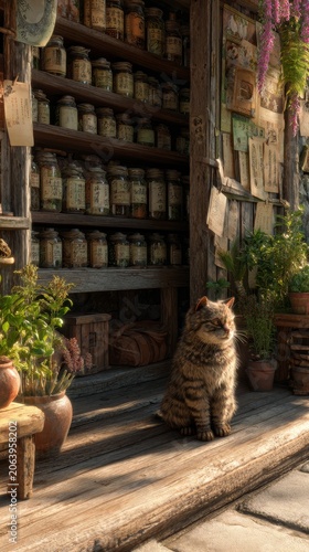 A tabby cat sits patiently in front of shelves filled with jars in a rustic, old-fashioned apothecary shop