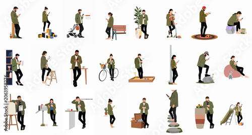 Foto A collection of diverse people in daily routines distracted by their smartphones, illustrating technology addiction and constant digital connectivity in modern life