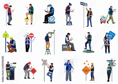 Illustrations of diverse workers using digital tablets to manage and inspect various traffic and road signs in a smart city infrastructure environment.