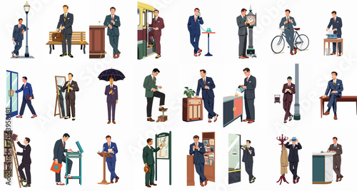 Collection of mid-century modern style illustrations depicting a gentleman in various daily professional and lifestyle activities, wearing dapper pinstripe business suits.