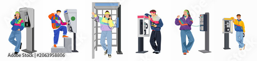 Bilde på lerret 90s Retro Style Young People Using Vintage Payphones Set, Vector Illustration of