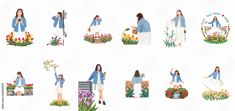 Fototapeta premium Collection of flat vector illustrations featuring a young woman in a white dress and denim jacket enjoying spring among colorful tulip gardens.