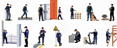 Vector Illustration Set of Port Security Officers and Border Control Guards Performing Duties in a Maritime and Logistics Environment