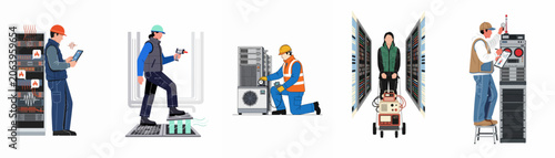 Set of illustrations depicting professional technicians performing maintenance, diagnostics, and temperature control tasks in modern data centers and industrial facilities.