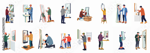 Flat vector illustrations of male handymen and homeowners installing, measuring, repairing, and cleaning various bathroom and floor mirrors in different domestic settings.