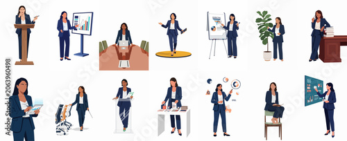 Collection of illustrations showing a professional businesswoman in a navy suit engaging in various office, presentation, and data analysis activities.
